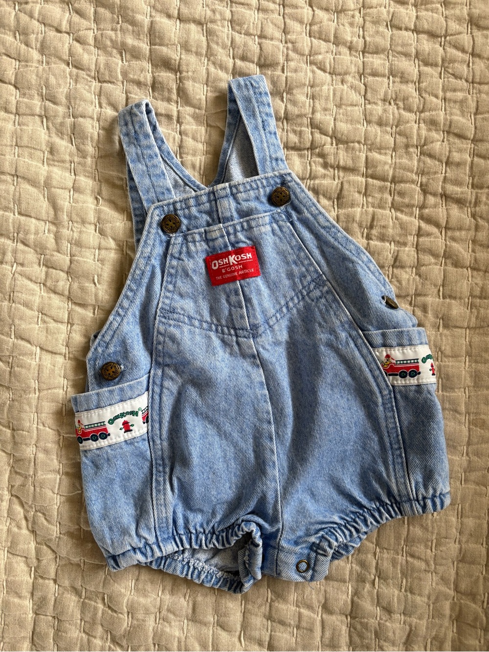 Vintage 90’s Oshkosh B’Gosh Firetruck Denim Bubble Overalls 12M Made in USA